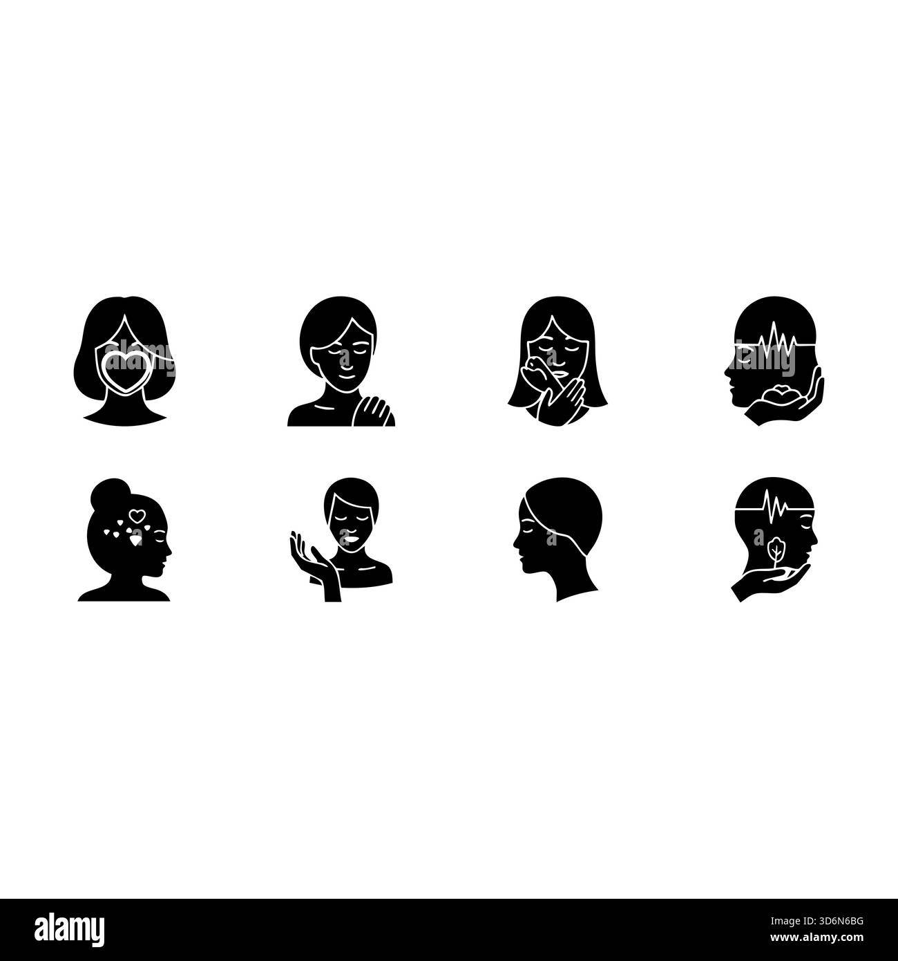 Collezione di icone di silhouette nera per la cura del viso e l'amore per se stessi Illustrazione Vettoriale