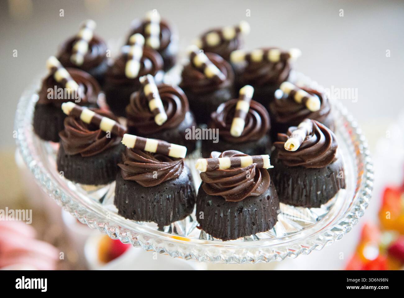 Mini tortine al cioccolato con ricci decorativi al cioccolato Foto Stock