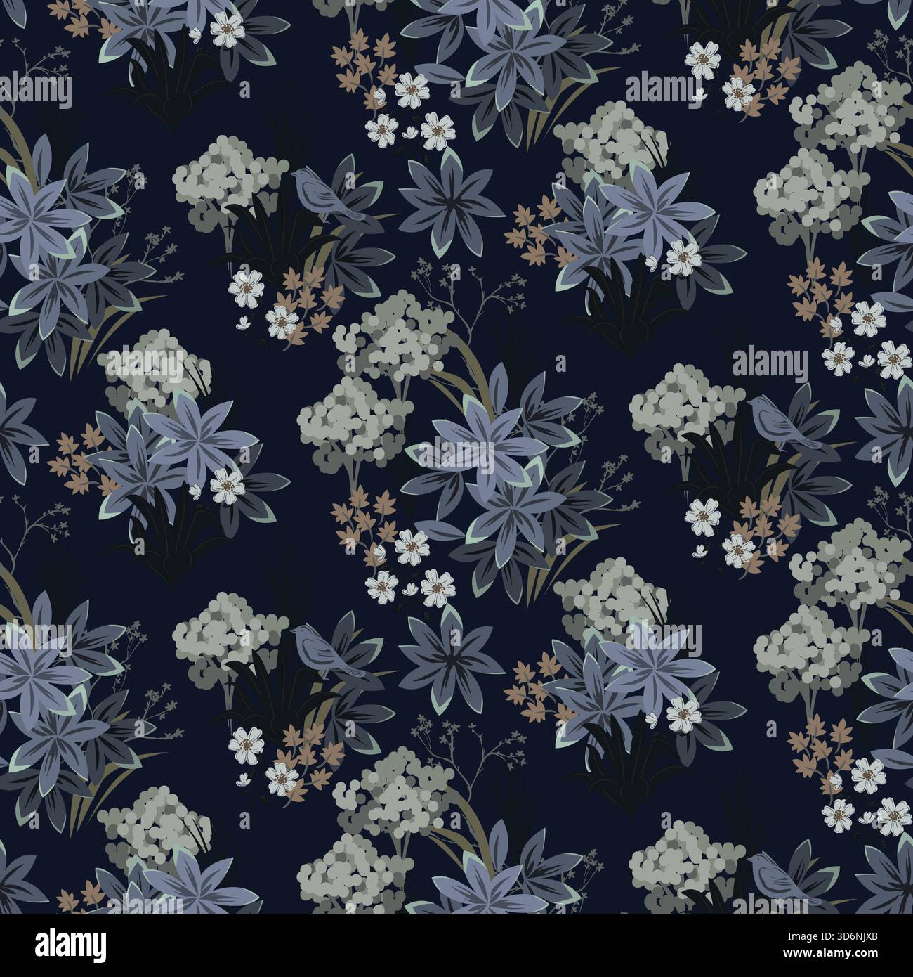 Motivo floreale blu scuro e sfondo verde con fiori da giardino. Sfondo con carta da parati e mazzi floreali botanici in stile classico Illustrazione Vettoriale