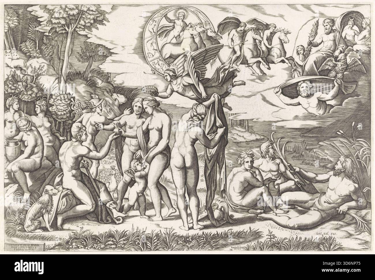 La sentenza di Parigi c.1510-1520 incisione dell'artista italiano Marcantonio Raimondi (c.1480-ca.1534) su disegno di Raffaello (1483-1520), raffigurante Parigi che assegna la mela d'oro a Venere prima di Giunone e Minerva. Foto Stock