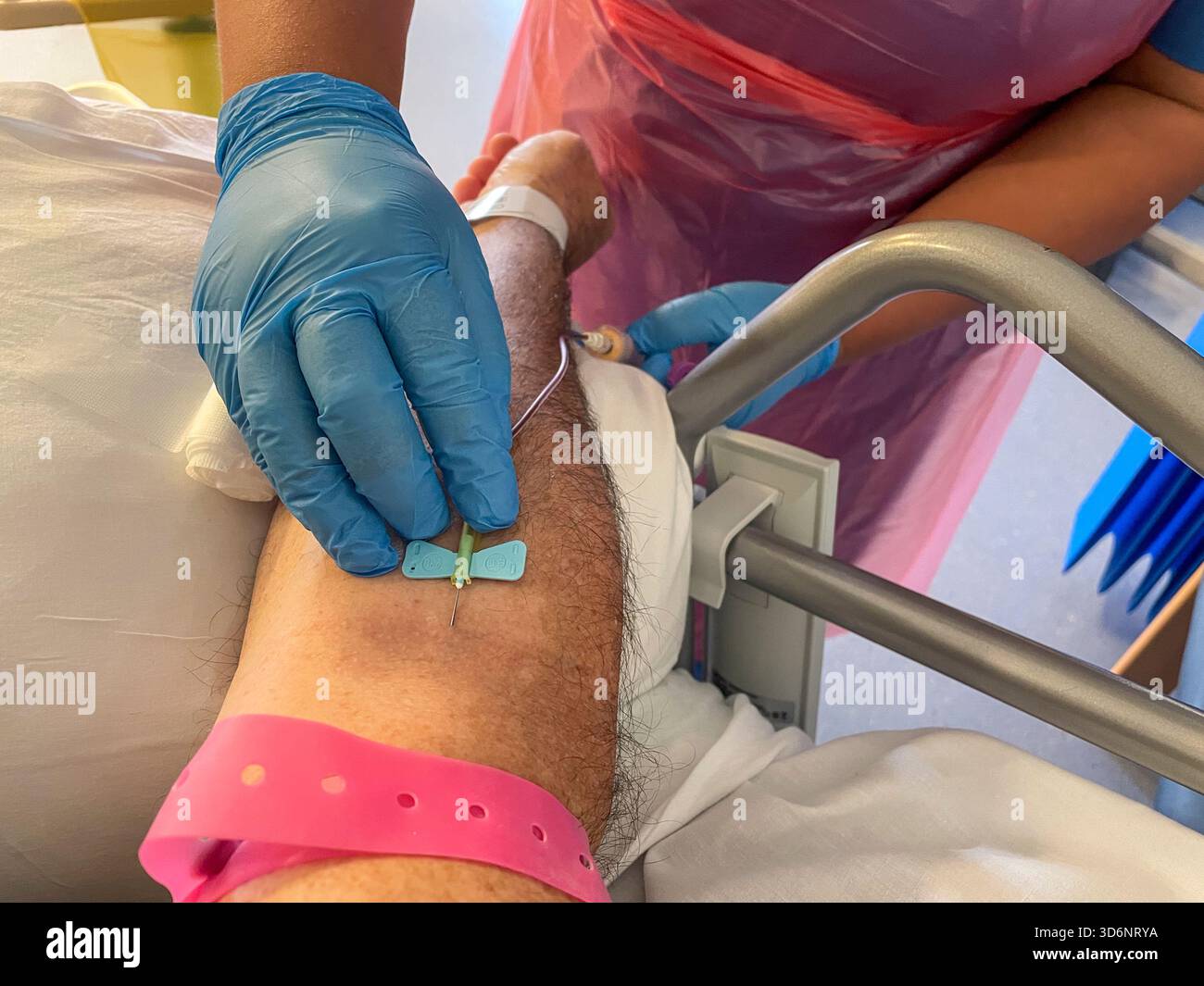 Operatore sanitario che inserisce una cannula nel braccio di un paziente maschio adulto per prelevare un campione di sangue in un ambiente clinico: Phillip Roberts - Immagine stock catturata con smartphone