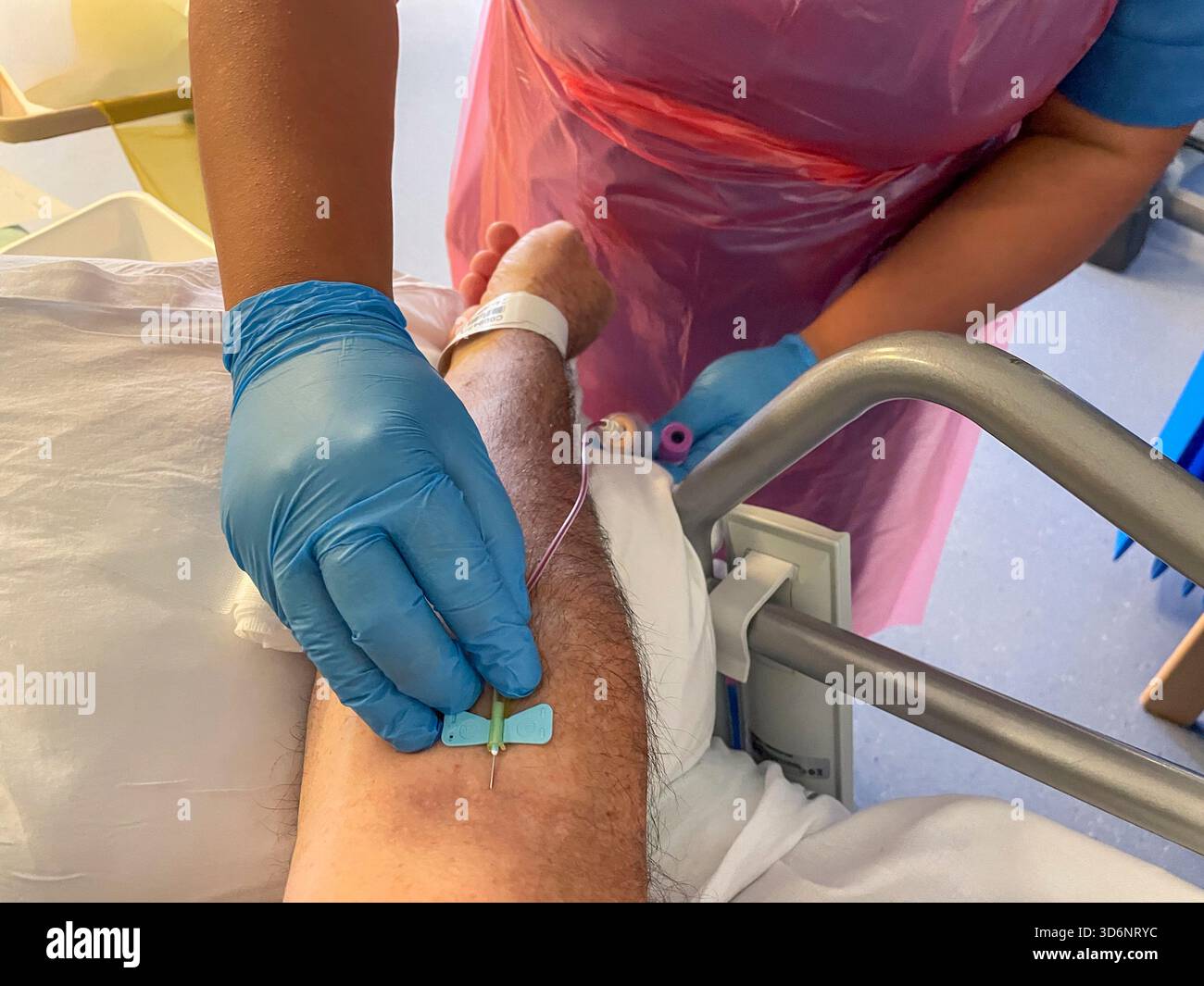 Operatore sanitario che inserisce una cannula nel braccio di un paziente maschio adulto per prelevare un campione di sangue in un ambiente clinico: Phillip Roberts - Immagine stock catturata con smartphone