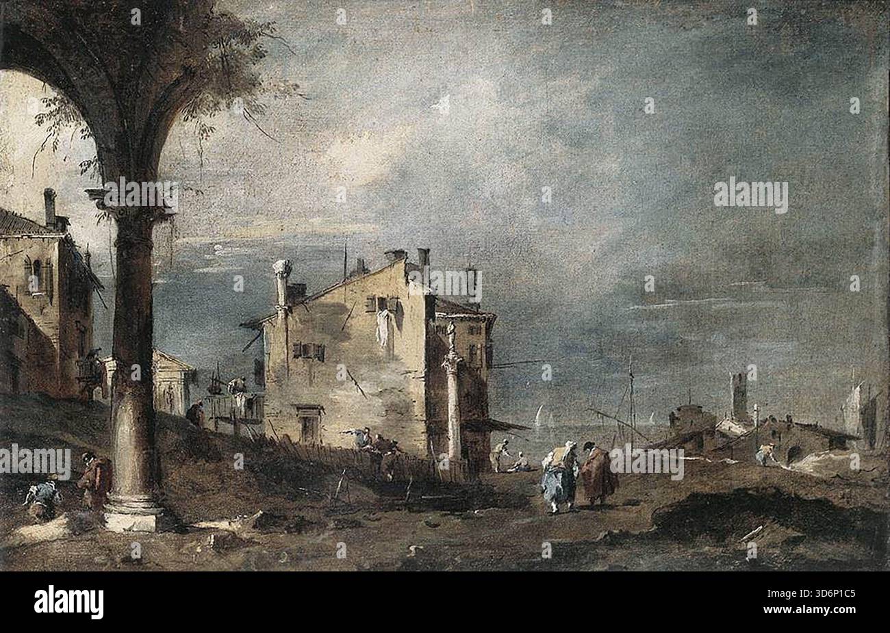 GUARDI, Francesco (B. 1712, Venezia, d. 1793, Venezia) Capriccio con motivi veneziani anni '1760 olio su tela, cm 33 x 51 Museo di Castelvecchio, Verona oltre un'unica colonna di un portico in rovina lo spettatore si affaccia su una grande casa indipendente in un paesaggio che ricorda la laguna. A sinistra dietro la rovina sovrastata si possono vedere altre due case. Il lato destro dell'immagine offre una vista di un'ampia distesa d'acqua con un certo numero di barche a vela, una torre e diversi edifici non definiti sullo sfondo. Solo poche figure animano la rappresentazione. Guardi ha basato la composizione Foto Stock