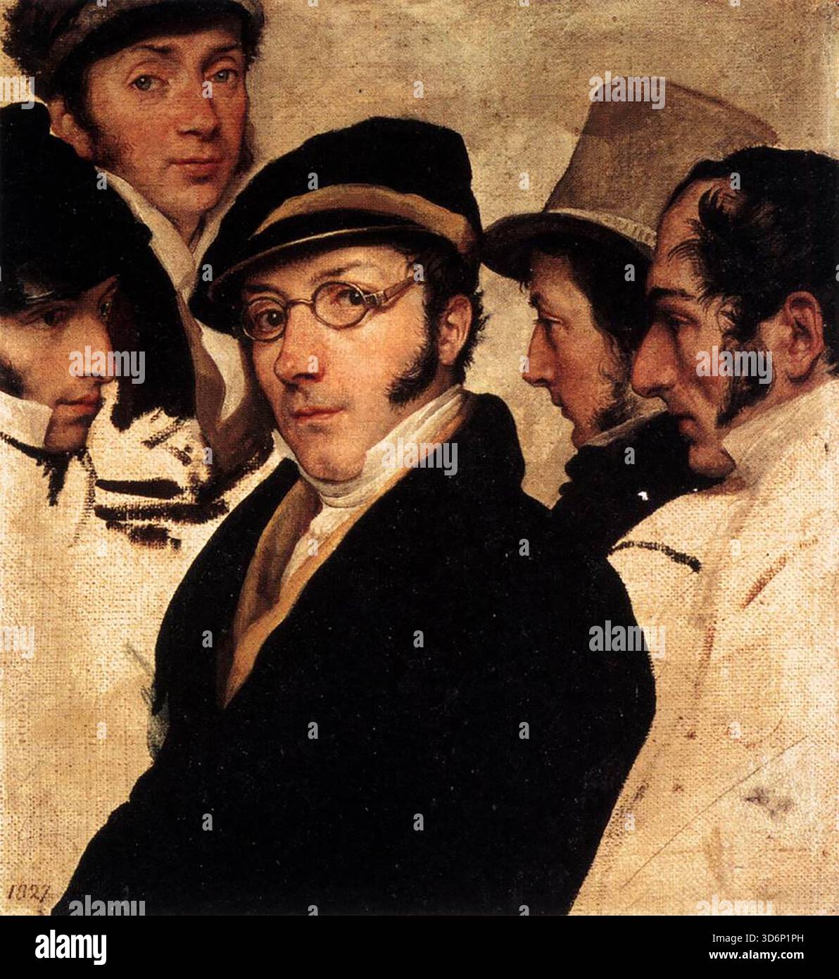 HAYEZ, Francesco (B. 1791, Venezia, d. 1882, Milano) Autoritratto in un gruppo di amici 1824-27 olio su tela, cm 33 x 30 Museo Poldi Pezzoli, Milano questo dipinto è stato definito "uno dei manifesti pittorici del Romanticismo a Milano", in quanto ritrae il pittore trentasei anni circondato da alcune delle figure più rappresentative del Romanticismo milanese. Gli amici rappresentati sono i pittori Giovanni Migliara, Pelagio Palagi e Giuseppe Molteni, e lo scrittore Tommaso grossi. --- parole chiave: --------------- Autore: HAYEZ, Francesco titolo: Autoritratto in un gruppo di p. Foto Stock