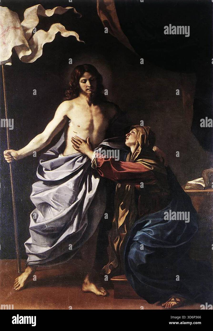 GUERCINO (B. 1591, cento, d. 1666, Bologna) il Cristo risorto appare alla Vergine 1629 olio su tela, 260 x 179 cm Pinacoteca Comunale, cento questo uno dei numerosi dipinti conservati nella città natale dell'artista. Si tratta di un'opera significativa dal periodo di transizione dell'artista dopo la fase agitata della sua giovinezza e prima del suo classicismo a Roma. --- parole chiave: --------------- Autore: GUERCINO titolo: Il Cristo risorto appare alla Vergine linea temporale: 1601-1650 Scuola: Forma italiana: Pittura tipo: Religioso Foto Stock