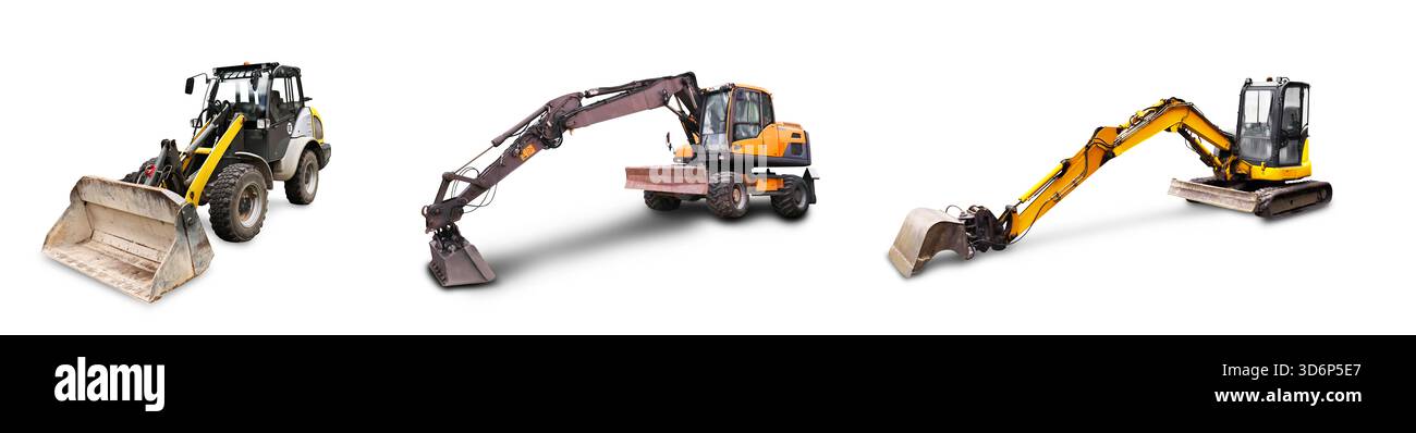 Un collage di tre macchine da costruzione pesanti isolate: Una pala gommata, un escavatore gommato e un escavatore cingolato. Foto di alta qualità Foto Stock