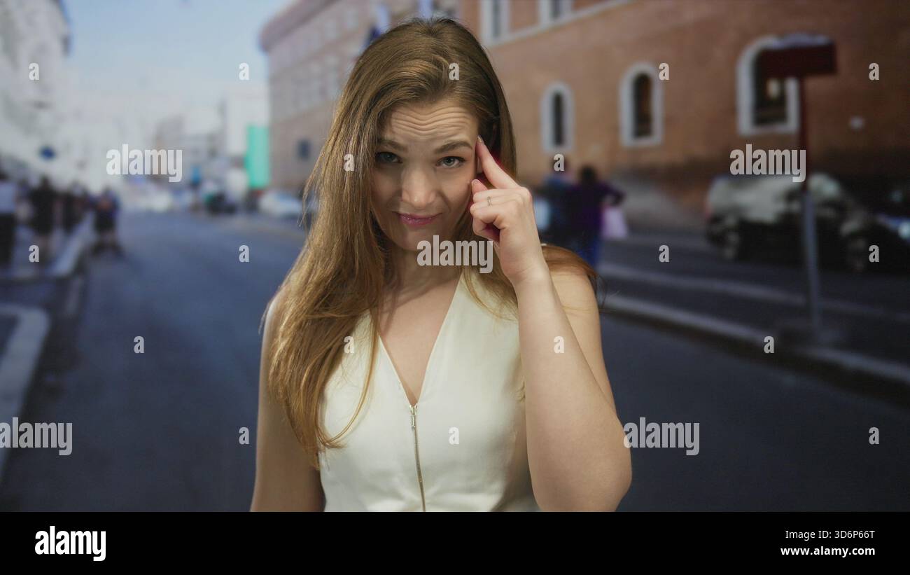 Donna che punta il dito con un feroce grimace su una strada illuminata dal sole con edifici in mattoni visibili durante il giorno; dubbio. Foto Stock