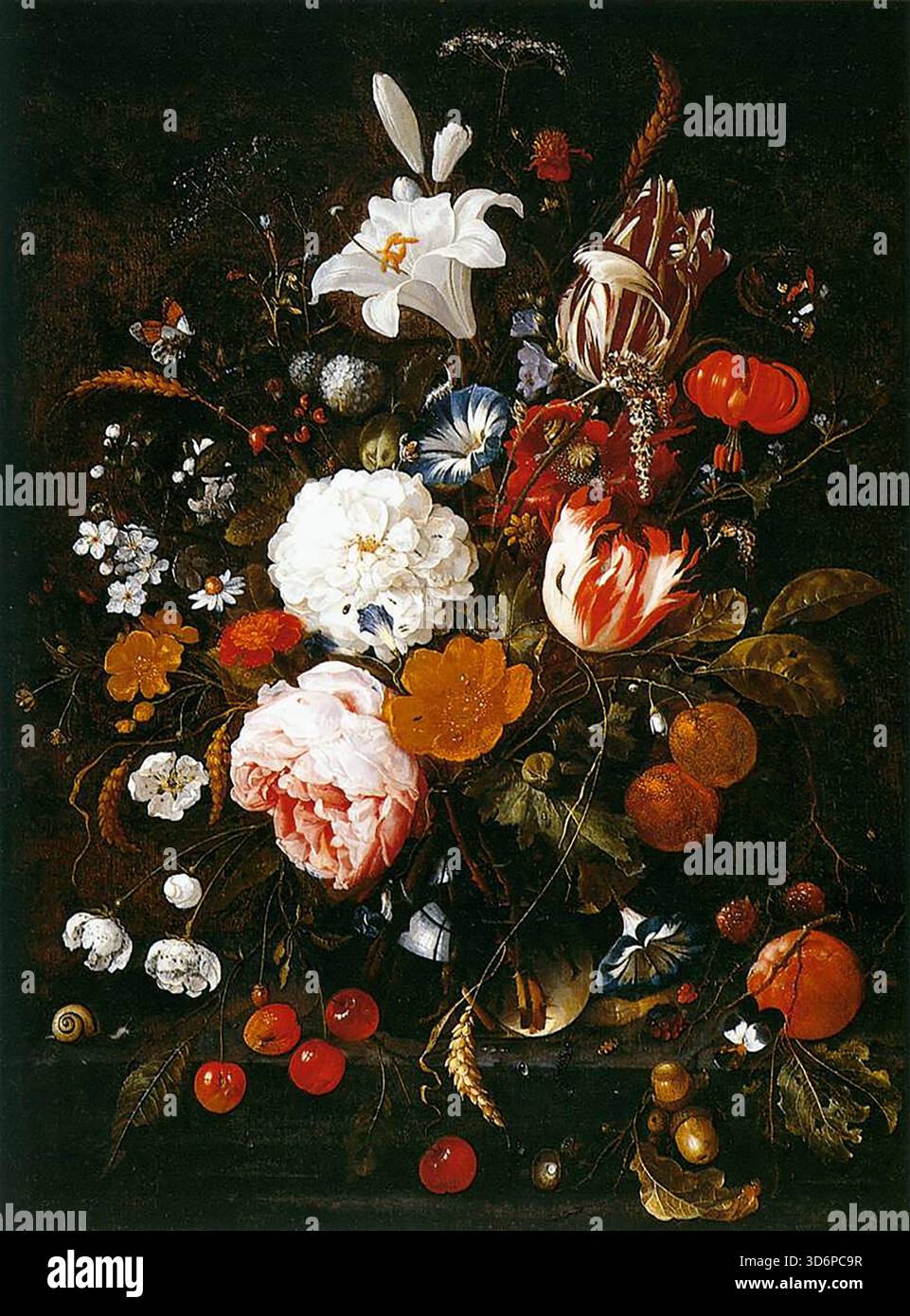 HEEM, Jan Davidsz. De (B. 1606, Utrecht, d. 1684, Anversa) natura morta con fiori in vaso di vetro e frutta c. 1665 olio su tavola, 53 x 41 cm Museo Thyssen-Bornemisza, Madrid in questo pannello Heem ritrae un gruppo di fiori, frutta e piccoli animali, delineati con precisione e dai colori brillanti. Su uno sfondo nero e in piedi su un tavolo o su un piedistallo c'è un vaso di vetro trasparente, attraverso il quale possiamo vedere i gambi dei fiori nell'acqua. L'attenzione ai minimi dettagli e lo stile virtuoso che questo artista ha mostrato sono evidenti nel riflesso di una finestra sulla superficie del vaso, Foto Stock