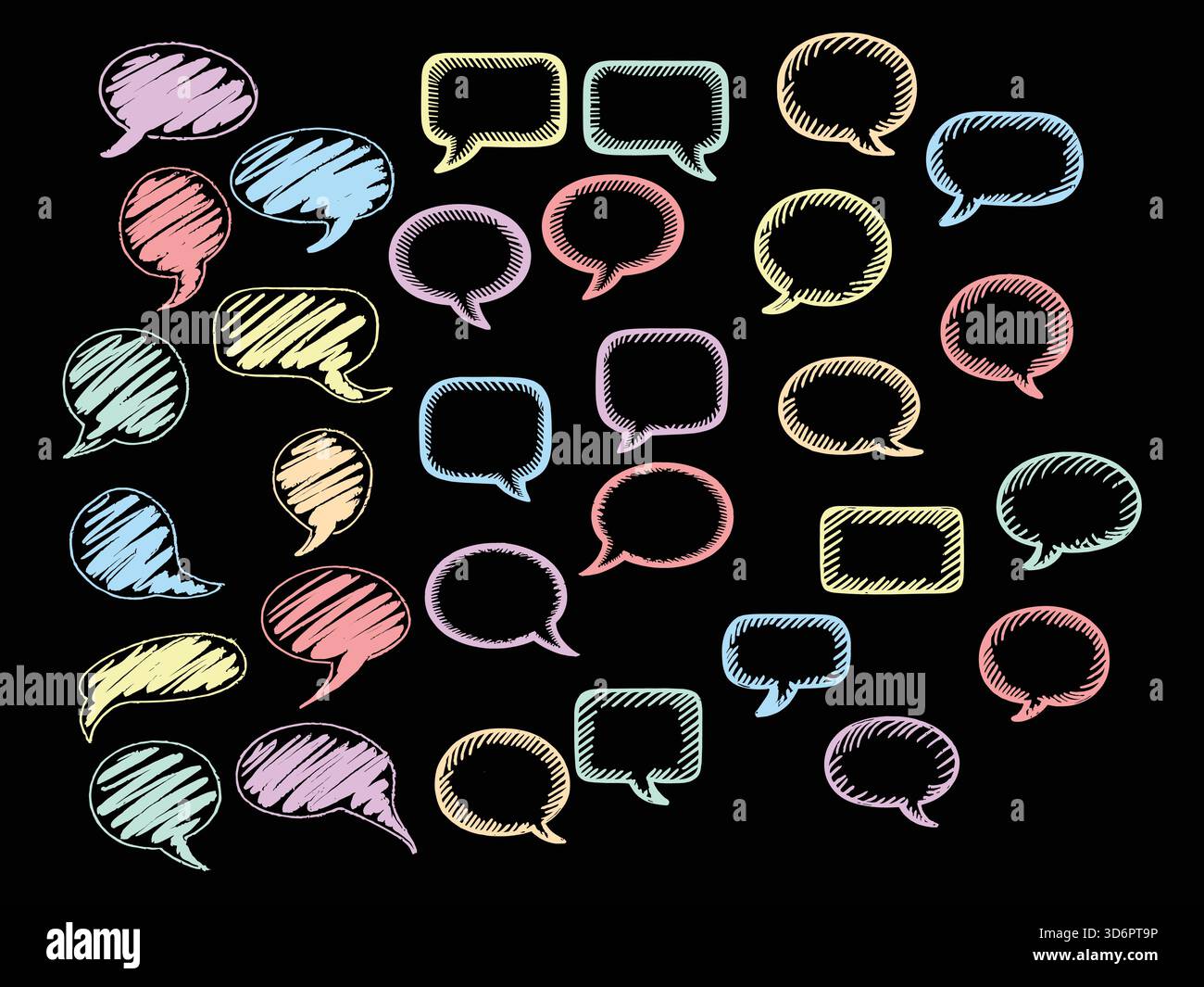 Bolle colorate in stile gessetto con texture accattivante sparse su sfondo nero, concetto di conversazione. Illustrazione Vettoriale