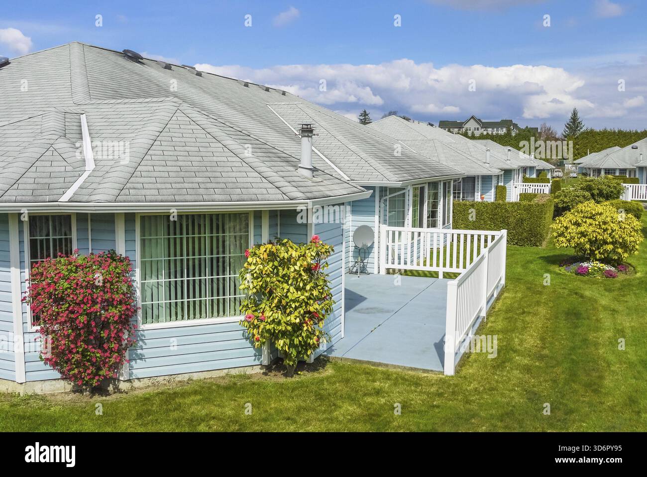 Zona residenziale con patio esposta, bianco ringhiere e alberi decorativi Foto Stock