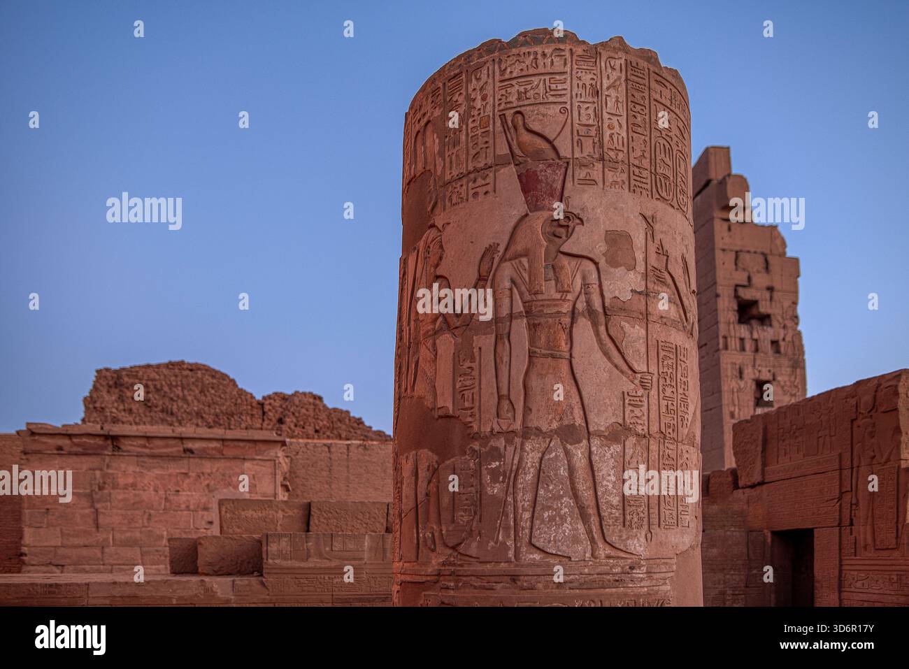 Questa fotografia cattura una dettagliata colonna scolpita dal tempio di Kom Ombo nell'alto Egitto. Il rilievo raffigura una divinità egiziana dalla testa di falco, mostrata Foto Stock