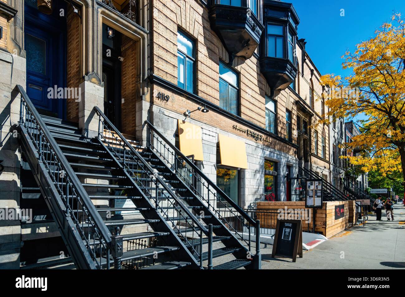 Aziende in Rue Saint Denis nel quartiere Plateau Mont-Royal del centro di Montreal, Quebec, Canada. Foto Stock