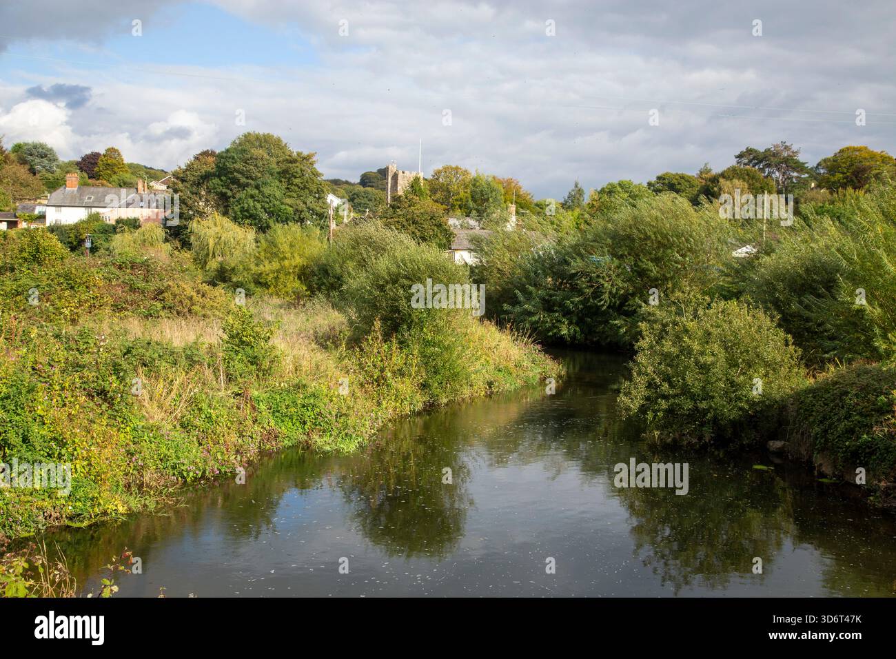 River Otter a Harpford, Devon. Devon orientale. Chiesa di San Gregorio Magno, che svolge servizi solo dal Libro di preghiera comune in distanc Foto Stock