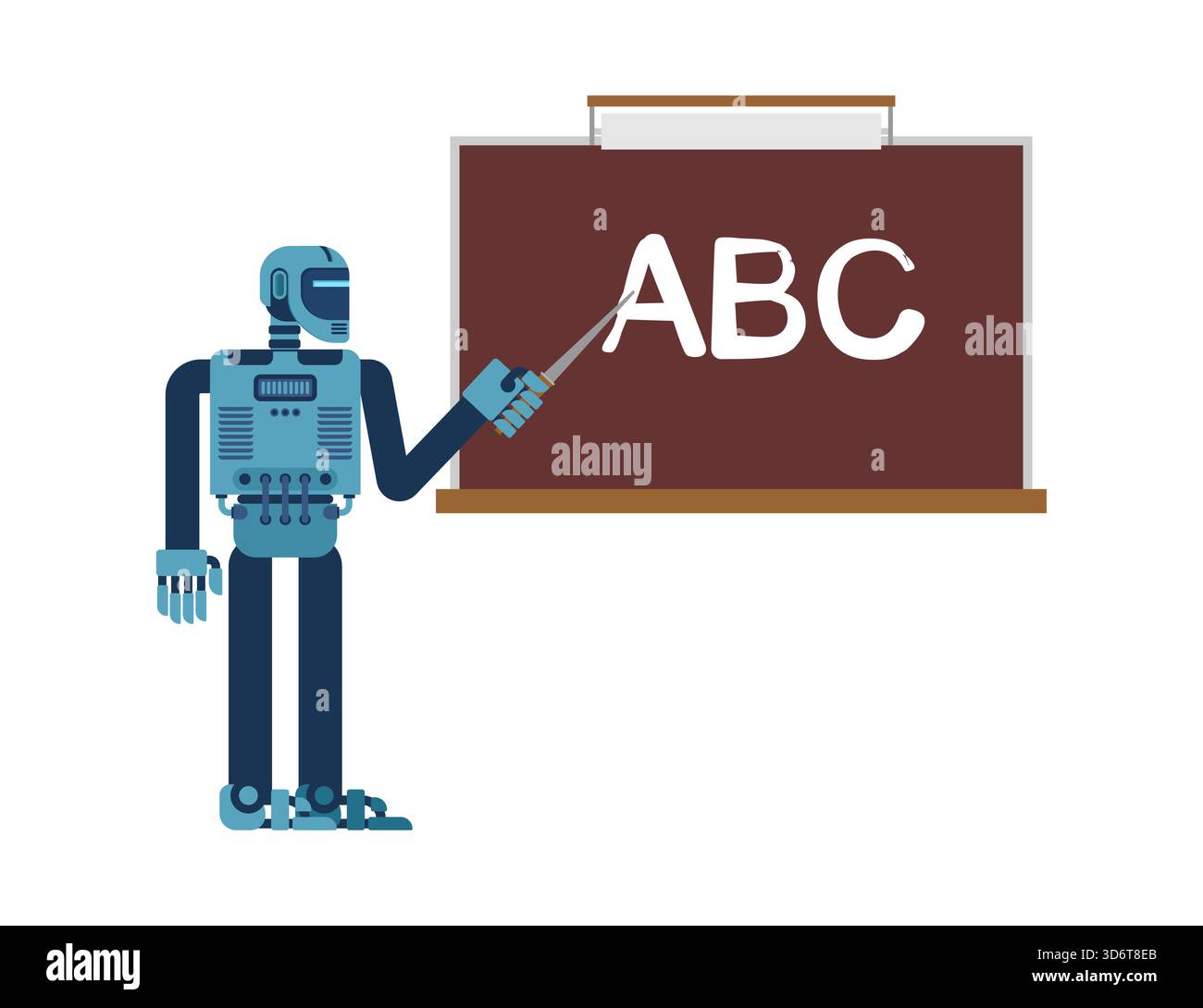Insegnante di robot o professore che scrive su una lavagna. Educazione ALL'INTELLIGENZA ARTIFICIALE, apprendimento futuristico e integrazione tecnologica nella scuola o nel concetto accademico. Illustrazione Vettoriale
