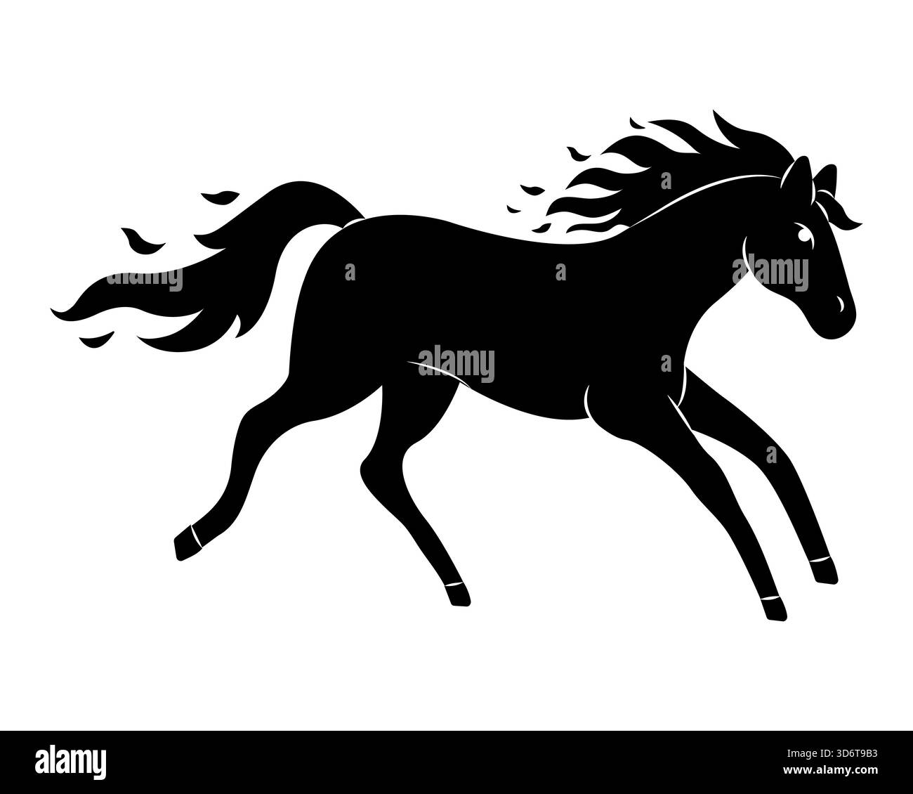 La silhouette di un cavallo a metà galoppo mostra la bellezza e la grazia di un potente animale in movimento. La criniera fluente e la coda enfatizzano la sua velocità e la sua efficienza Illustrazione Vettoriale