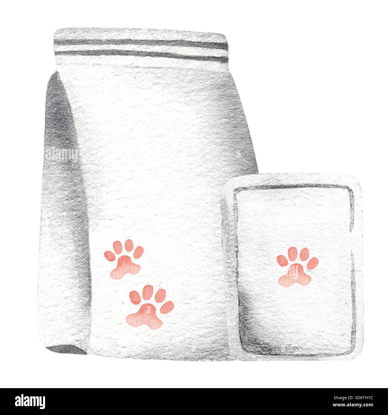 Confezionamento di alimenti per cani e gatti asciutti e bagnati. Illustrazione ad acquerello disegnata a mano. Modello di imballaggio per alimenti per animali domestici. Foto Stock