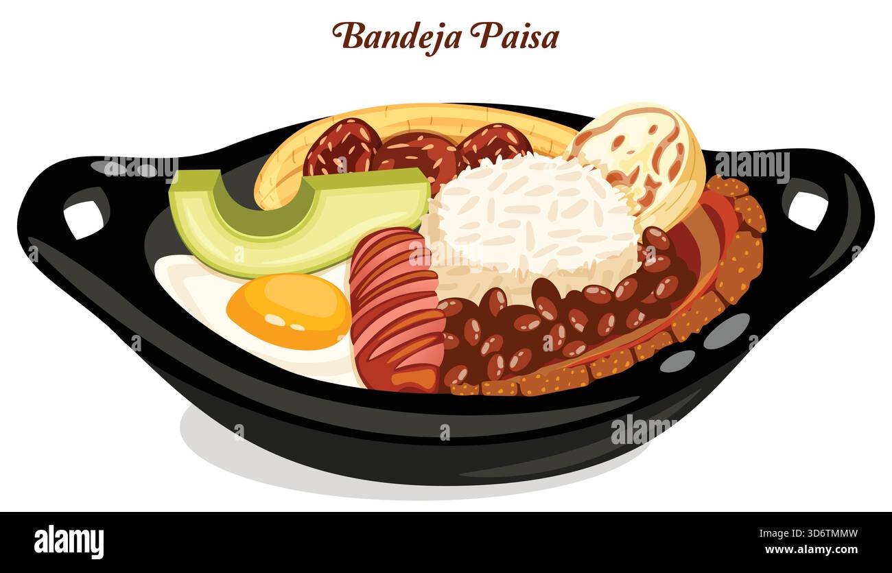 Bandeja Paisa in vassoio nero con riso, fagioli, Chorizo, budino nero, uovo fritto, avocado, Chicharrón, Arepa e Fried Plantain. Piatto colombiano Illustrazione Vettoriale