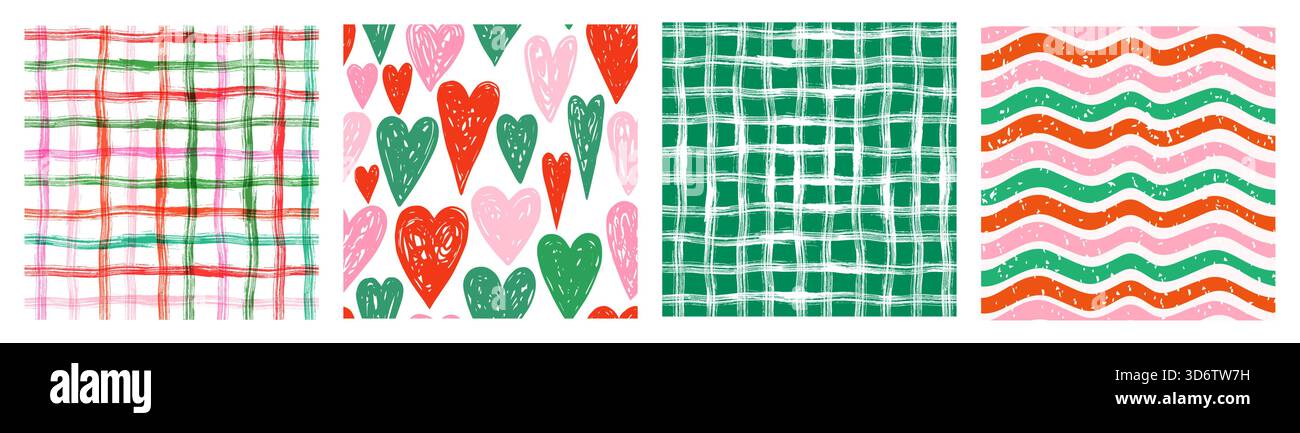 Motivi vettoriali senza cuciture rosso, verde e rosa di Natale, texture di sfondo con design a quadri con tratti di pennello ruvidi e irregolari incrociati, st. Ondulata Illustrazione Vettoriale