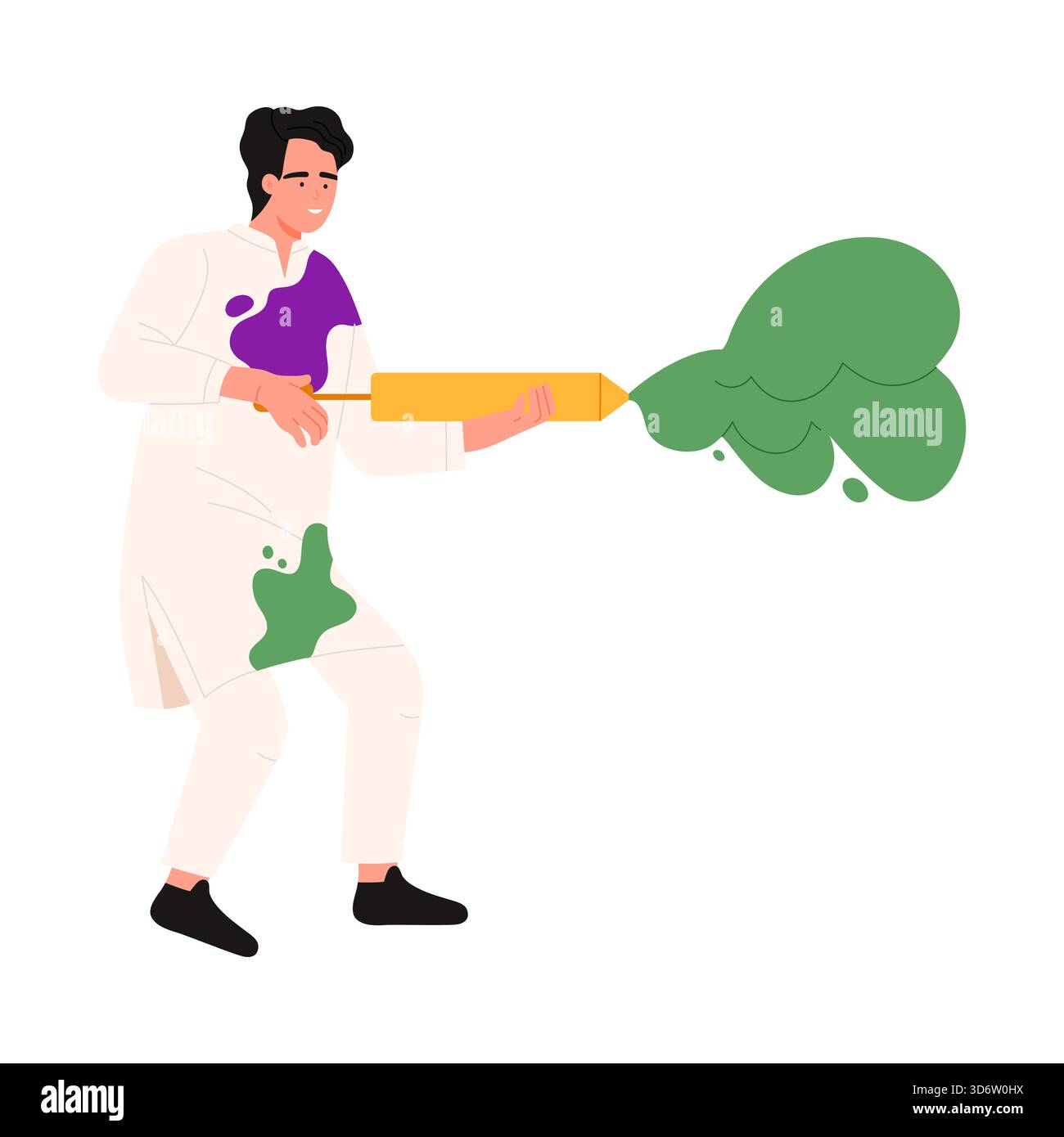 Giovane uomo con un abbigliamento tradizionale che spruzza polvere colorata per la celebrazione del festival Holi illustrazione vettoriale isolata Illustrazione Vettoriale
