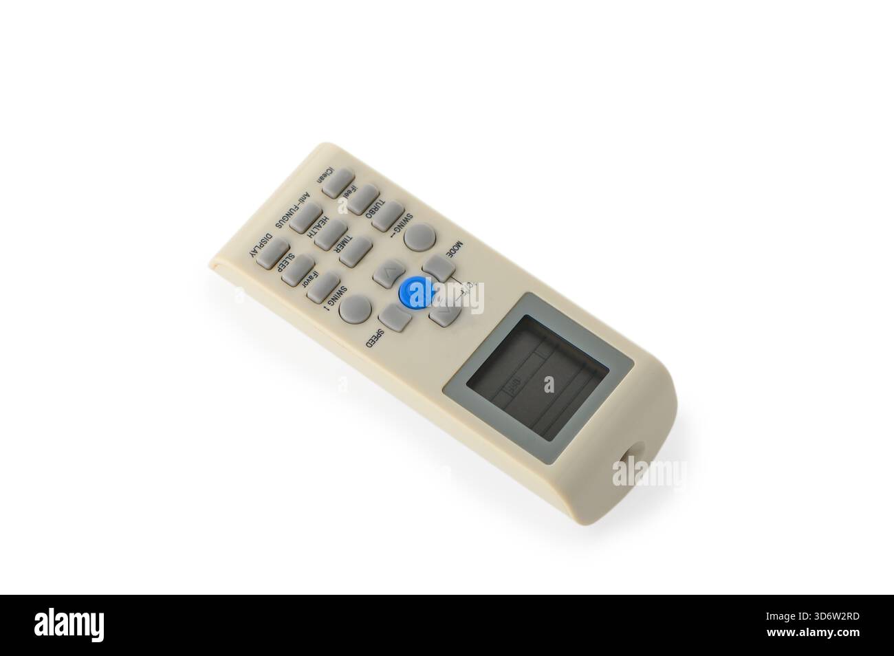 Un moderno condizionatore d'aria con telecomando isolato su sfondo bianco puro. Il dispositivo è dotato di pulsanti chiari, display digitale e design ergonomico Foto Stock
