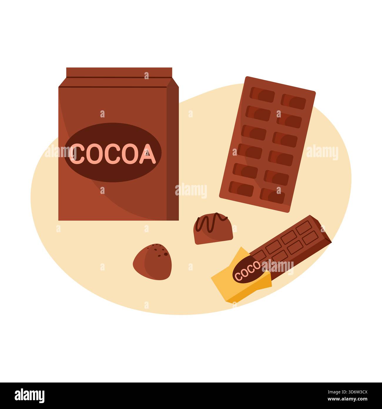 Cacao in polvere, barrette di cioccolato e caramelle assortite su sfondo bianco isolato Illustrazione Vettoriale