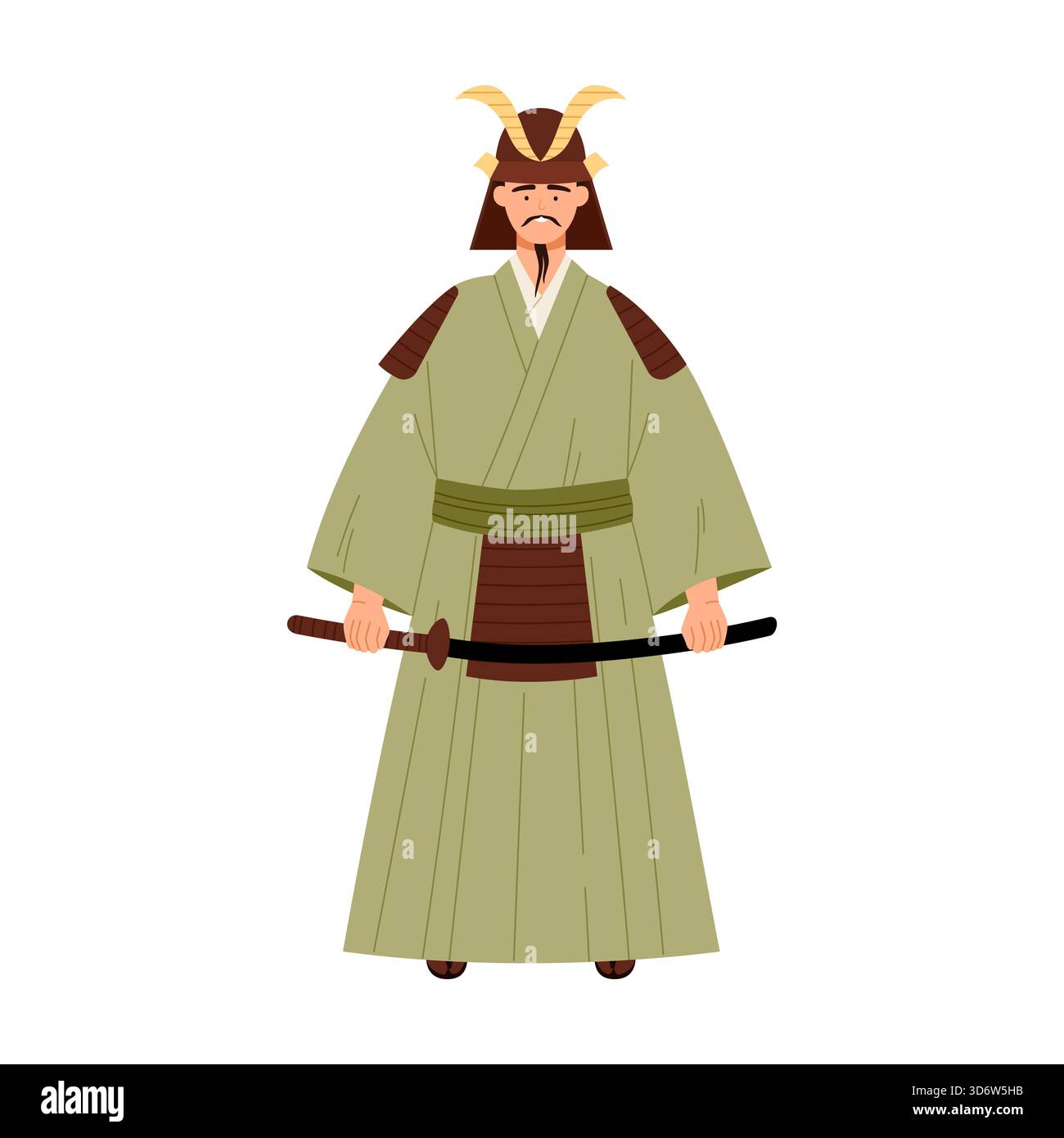 Samurai classico in armatura che regge la spada katana, isolato su sfondo bianco, illustrazione vettoriale Illustrazione Vettoriale