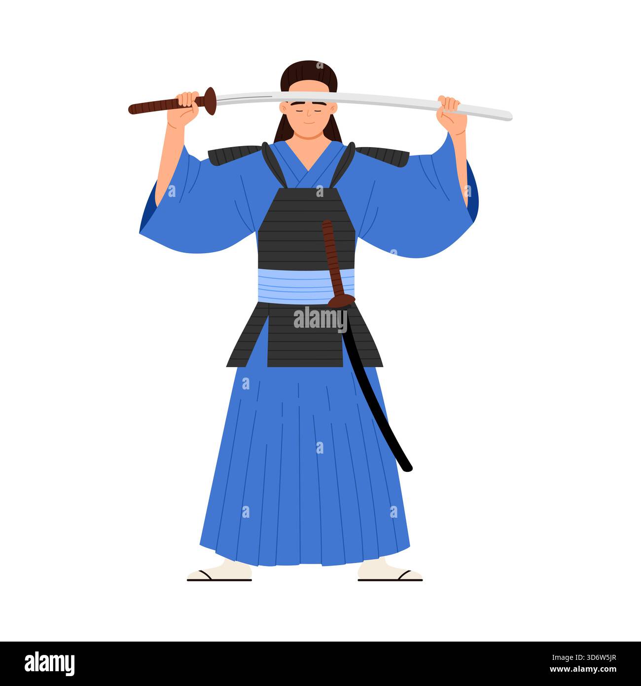 Samurai tradizionali in armatura blu che regge la spada katana, isolato su un'illustrazione vettoriale bianca Illustrazione Vettoriale