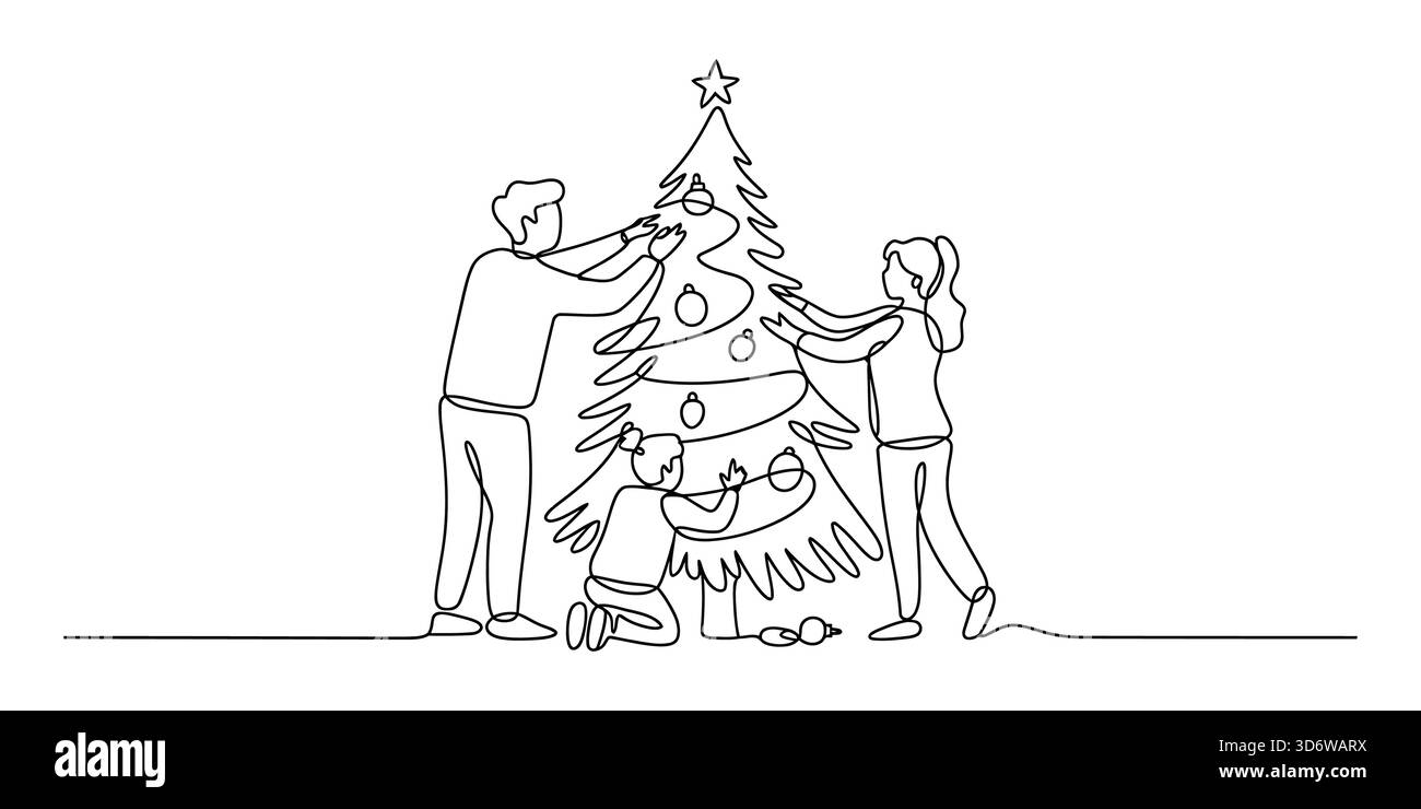 Disegno continuo di famiglia che decora l'albero di natale, gioia di vacanza. Illustrazione Vettoriale