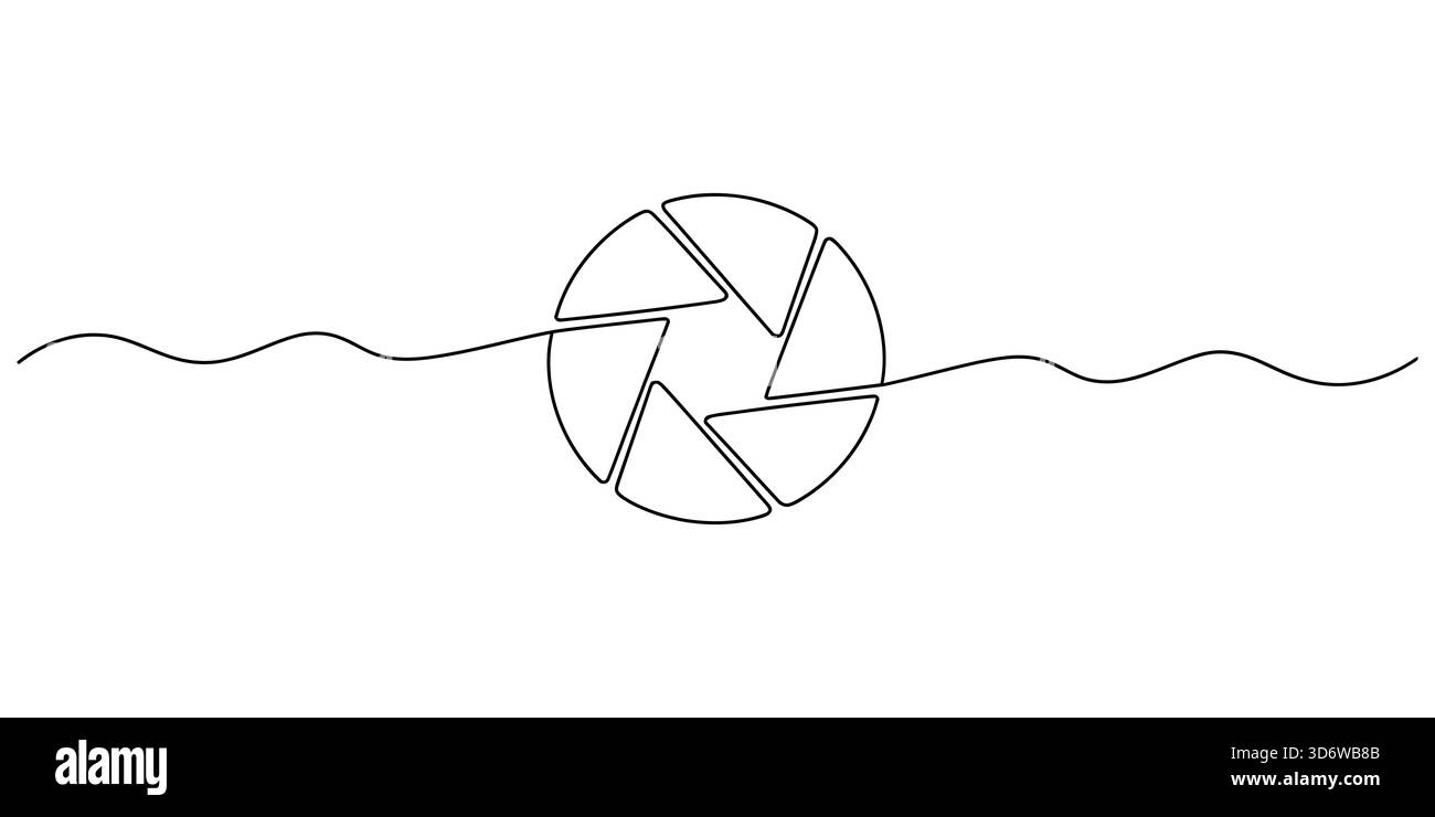 Disegno in linea continuo di un'apertura della fotocamera, simbolo della fotografia. Illustrazione Vettoriale