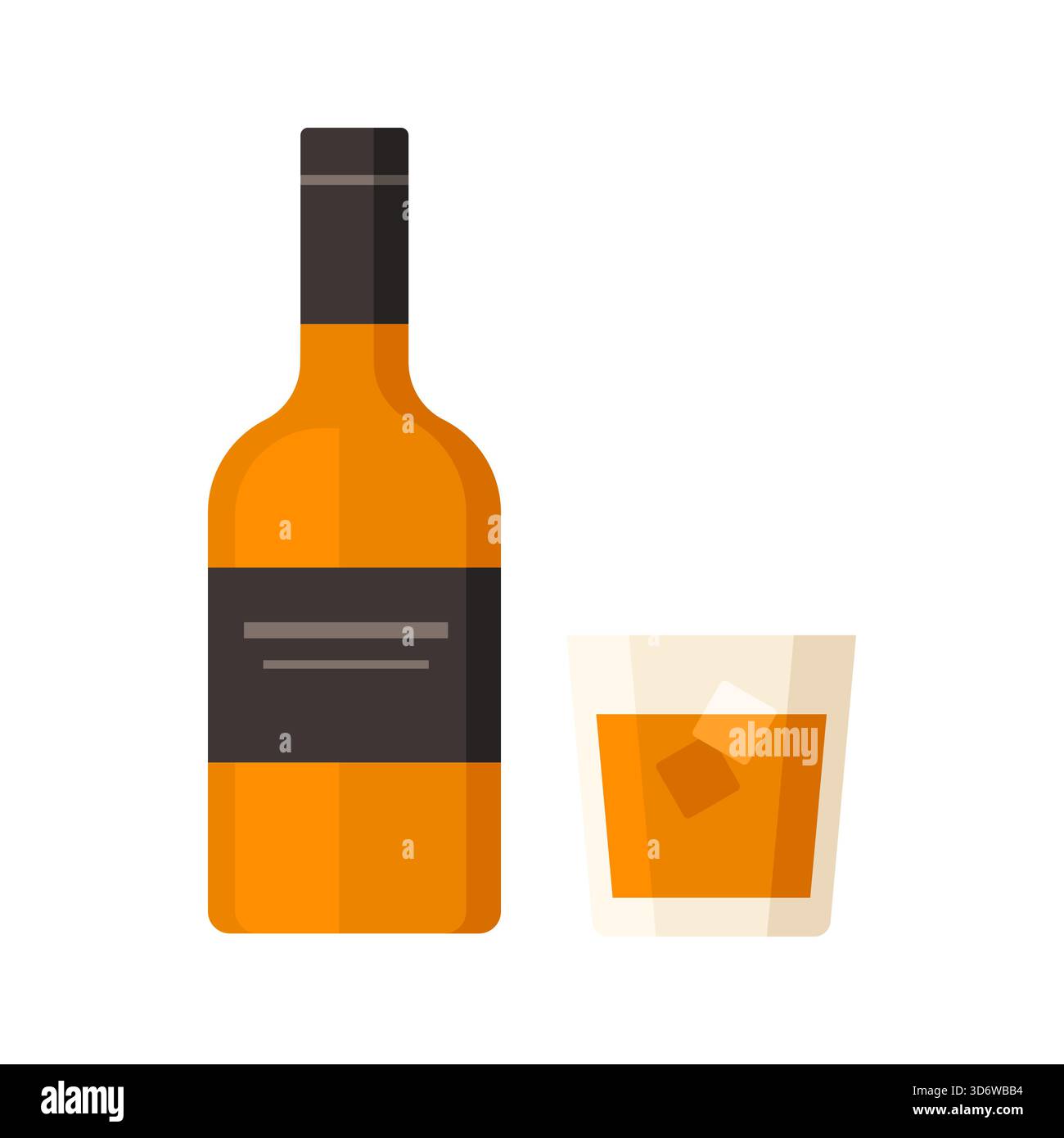 Design piatto minimale della bottiglia e del bicchiere di whiskey irlandese con ghiaccio su sfondo bianco isolato Illustrazione Vettoriale