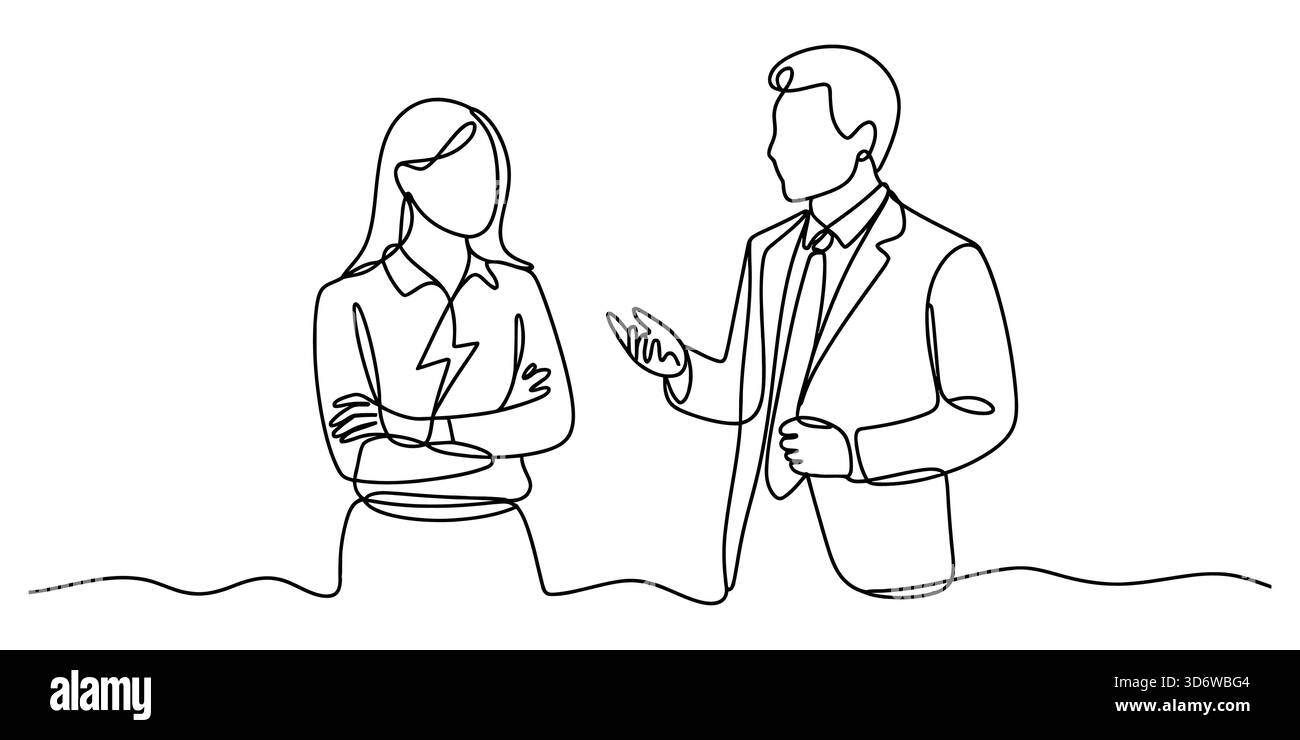 Disegno continuo di una discussione di un incontro di lavoro tra colleghi Illustrazione Vettoriale