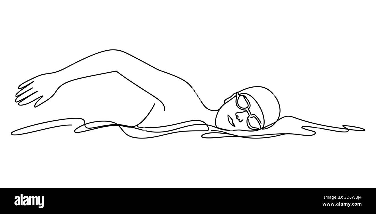 Illustrazione della line art di una persona che nuota un tratto freestyle in acqua Illustrazione Vettoriale