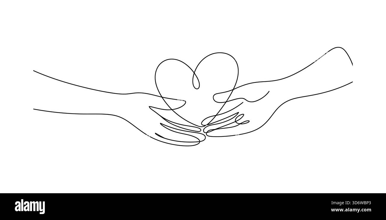 Disegno continuo di due mani che tengono un cuore, simboleggiando amore e cura Illustrazione Vettoriale