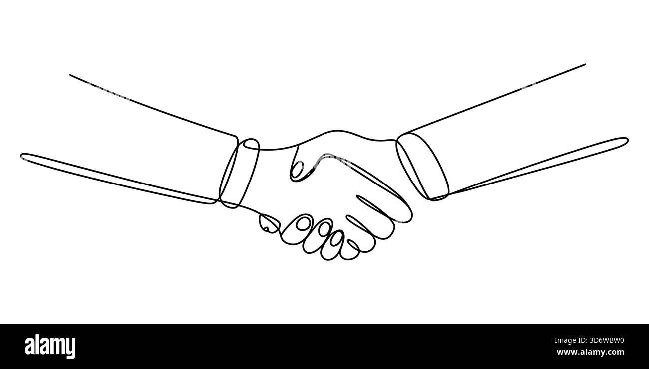 Disegno continuo di una stretta di mano che raffigura un accordo e un accordo di partnership. Illustrazione Vettoriale