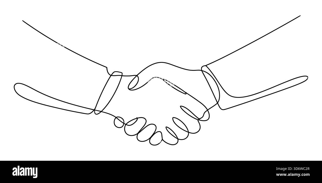 Disegno continuo di una stretta di mano che rappresenta la partnership e l'accordo. Illustrazione Vettoriale