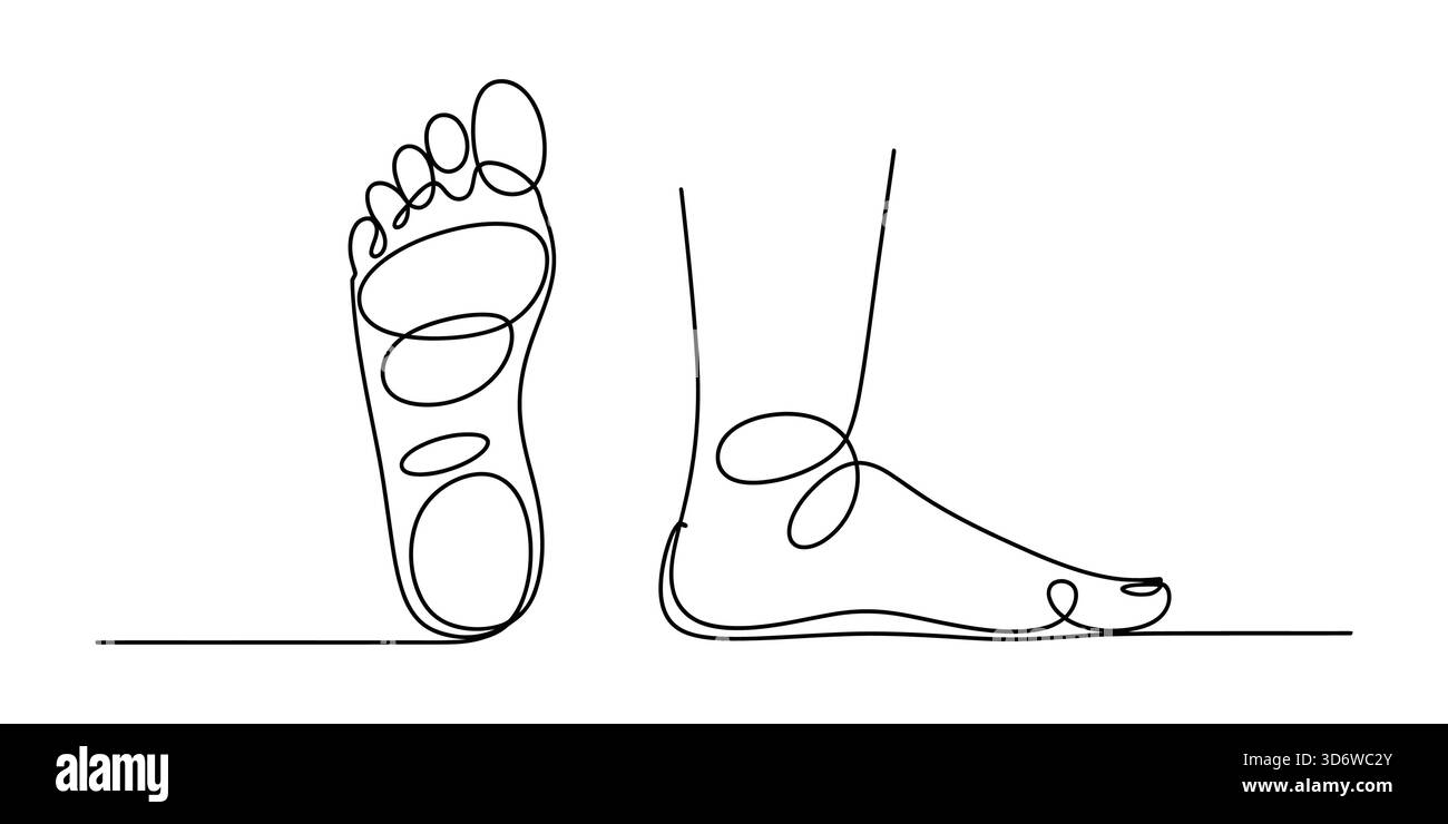 Disegno continuo del piede umano. vista suola e laterale, arte minimalista Illustrazione Vettoriale
