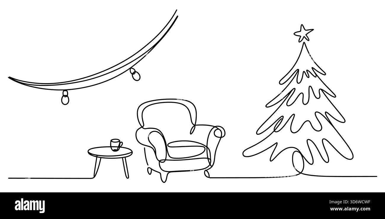 Scena natalizia in linea continua: Albero festivo, poltrona e luci accoglienti Illustrazione Vettoriale
