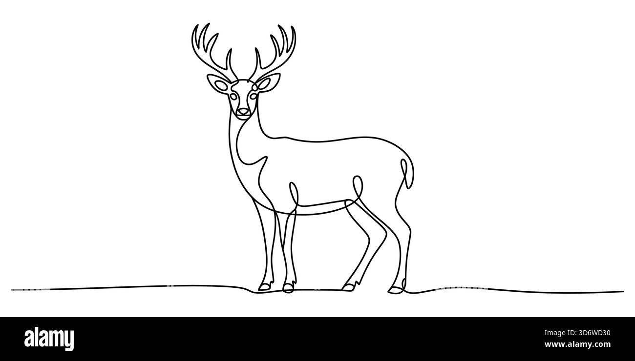 Elegante arte a linea singola di un grazioso cervo con corna, stile minimalista Illustrazione Vettoriale