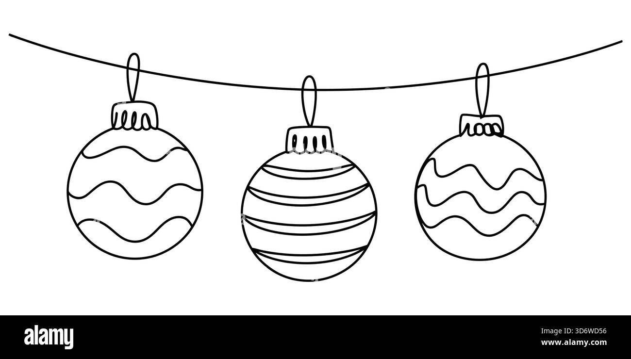 Le palle dell'albero di Natale appese su una corda, disegnate a mano in stile doodle, illustrano il contorno Illustrazione Vettoriale