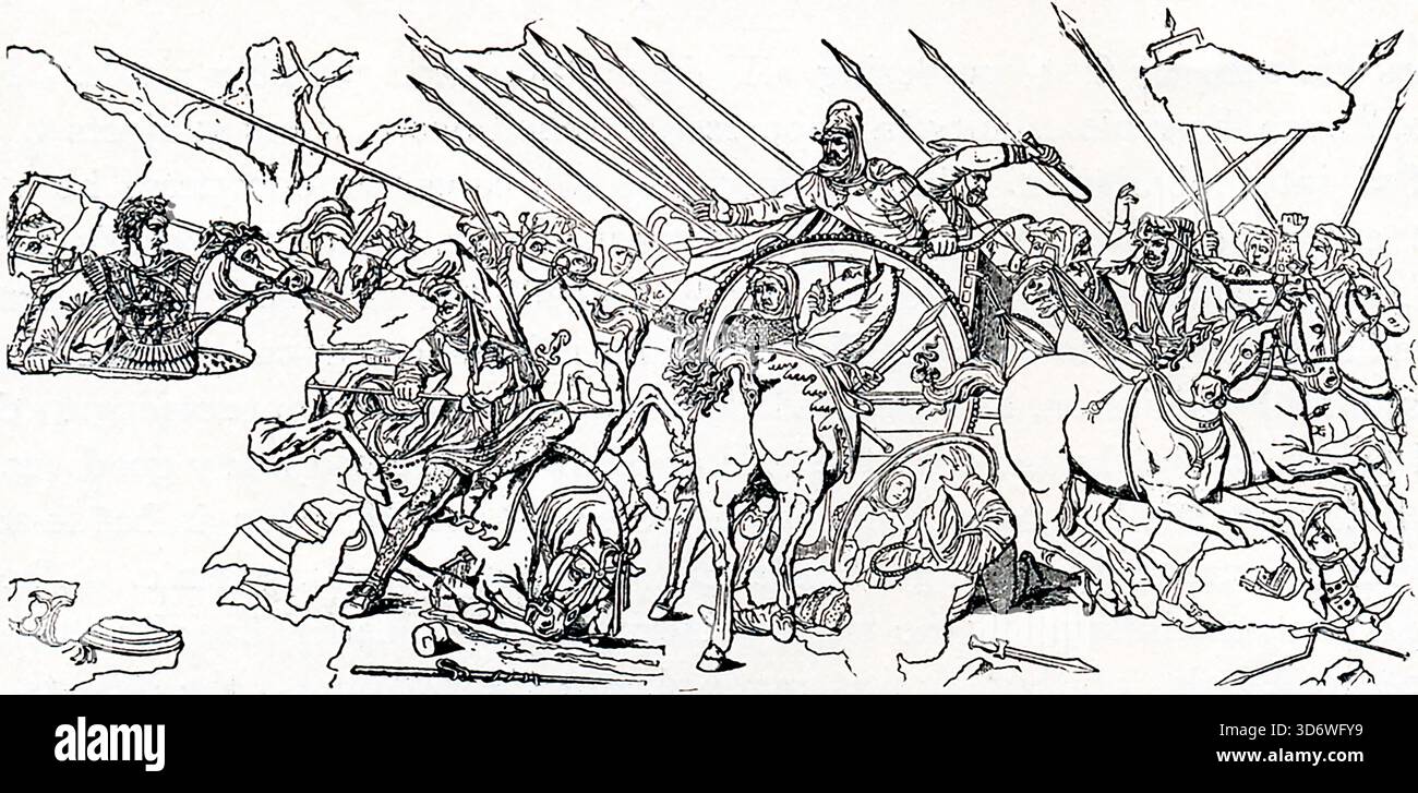Alessandro (all'estrema sinistra) è raffigurato a cavallo del suo cavallo Bucefalo mentre combatte i Persiani, guidati dal re Dario III (la figura dominante a destra). Precede il 79 d.C., in quanto è un mosaico scoperto a Pompei. La battaglia è quella di Issus nel 333 a.C. o di Gaugamela nel 331 a.C. Foto Stock