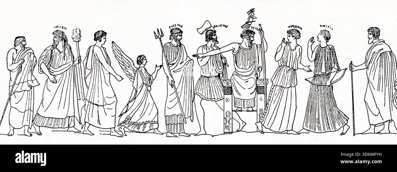 I Romani onorarono la dea Minerva come la dea della saggezza e della guerra. Il mito diceva che era nata dalla testa di Giove, il re degli dei, completamente cresciuta e in piena armatura. Il mito diceva anche che Giove ingoiò sua moglie incinta, la Titaness Metis, dopo che una profezia predisse che il loro bambino lo avrebbe rovesciato. METIS continuò a creare armi all'interno della testa di Giove, provocandogli un immenso dolore fino a quando il dio fabbro Vulcano divise il suo cranio con un'ascia per liberare Minerva. Per i Greci, Minerva era Atena. Foto Stock