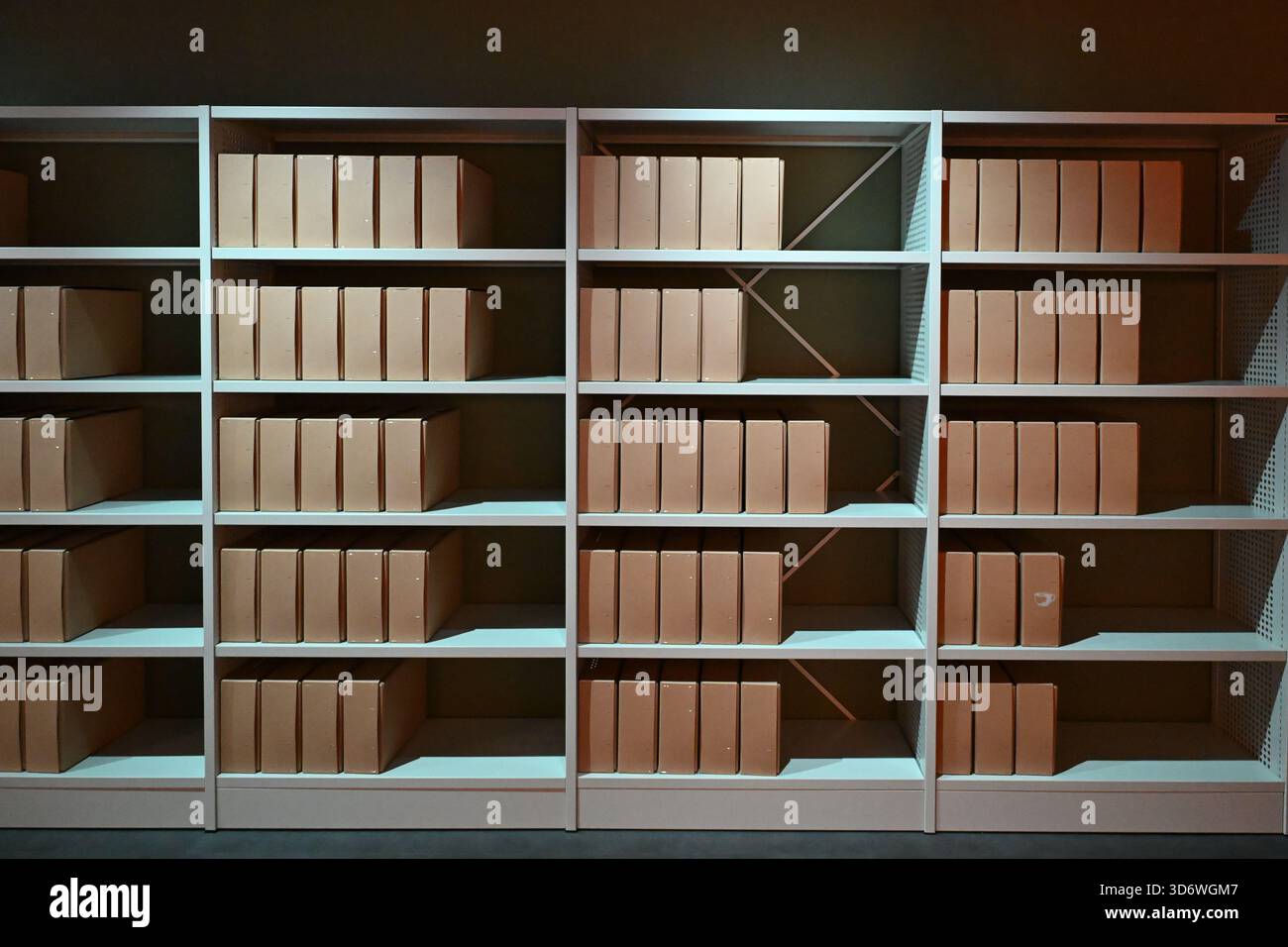 Archivi di scatole conservati su scaffali di legno negli Archivi nazionali di Kew, Londra Foto Stock
