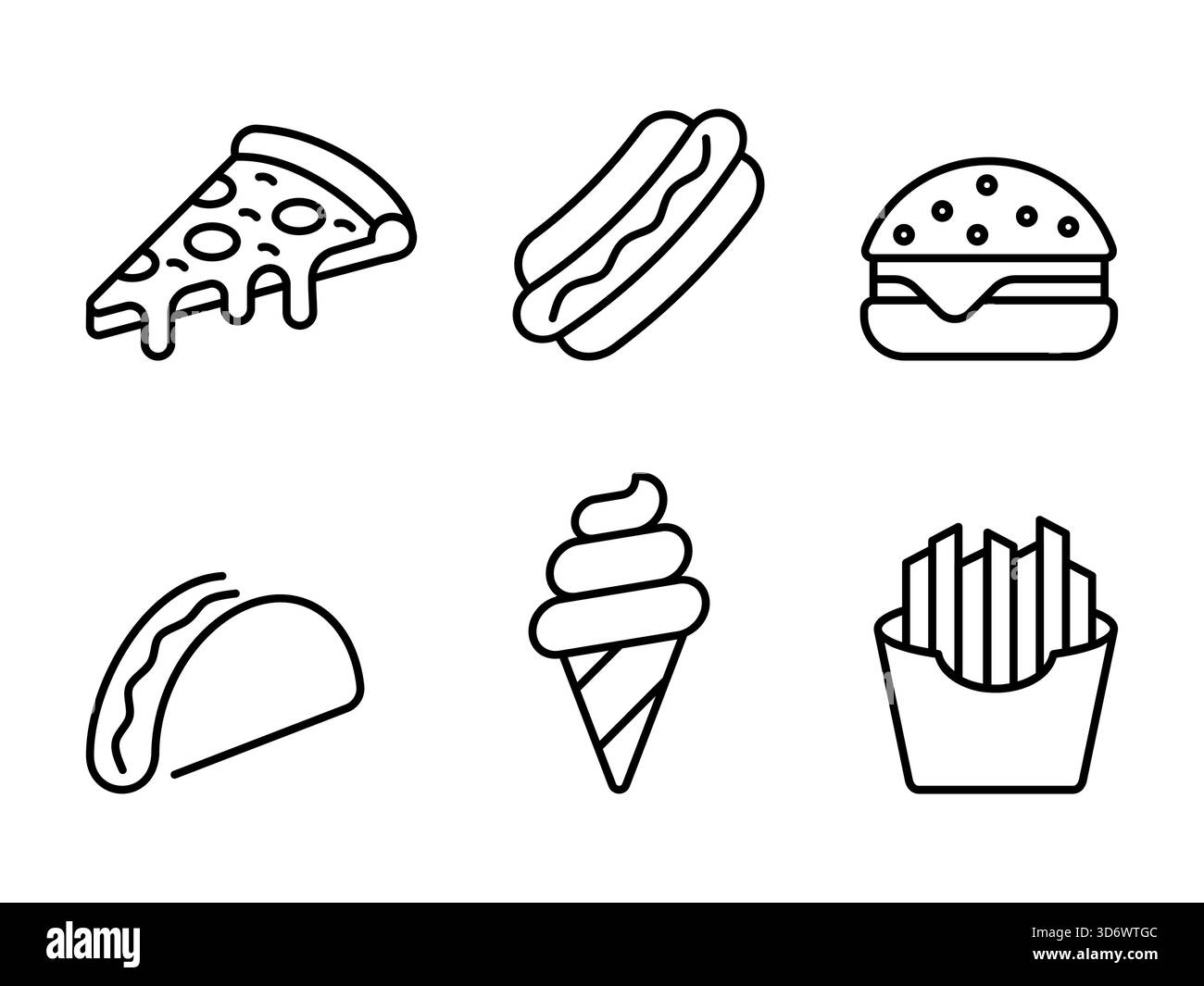 Set icone linea fast food. Pizza, hot dog, hamburger, taco, gelato, patatine fritte. Concetto di fast food. Design per menu, app per il cibo, branding per ristoranti. Illustrazione Vettoriale