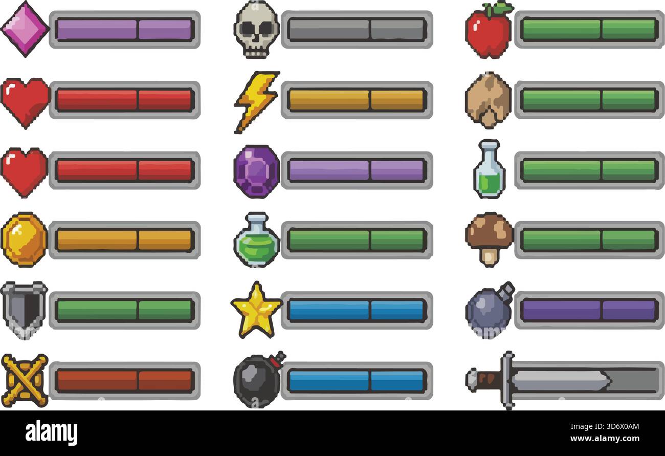 Pixel Art Game Interface Health, Mana, and Experience Bars Collection - Vector retro Video Game Elements, UI Design, indicatori di avanzamento, icone Illustrazione Vettoriale