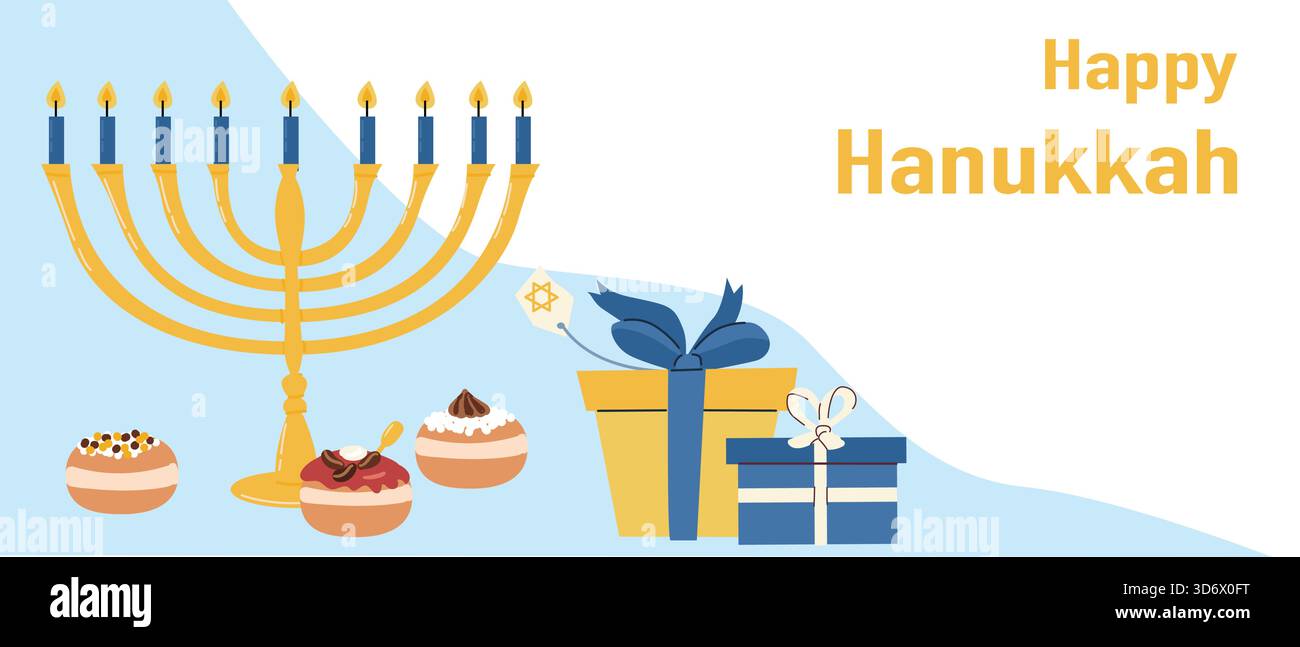 Felice Hanukkah. Illustrazione vettoriale piatta con ciambelle e regali, menorah. Design dello striscione di Hanukkah per festività ebraiche con simboli tradizionali. Saluto b Illustrazione Vettoriale