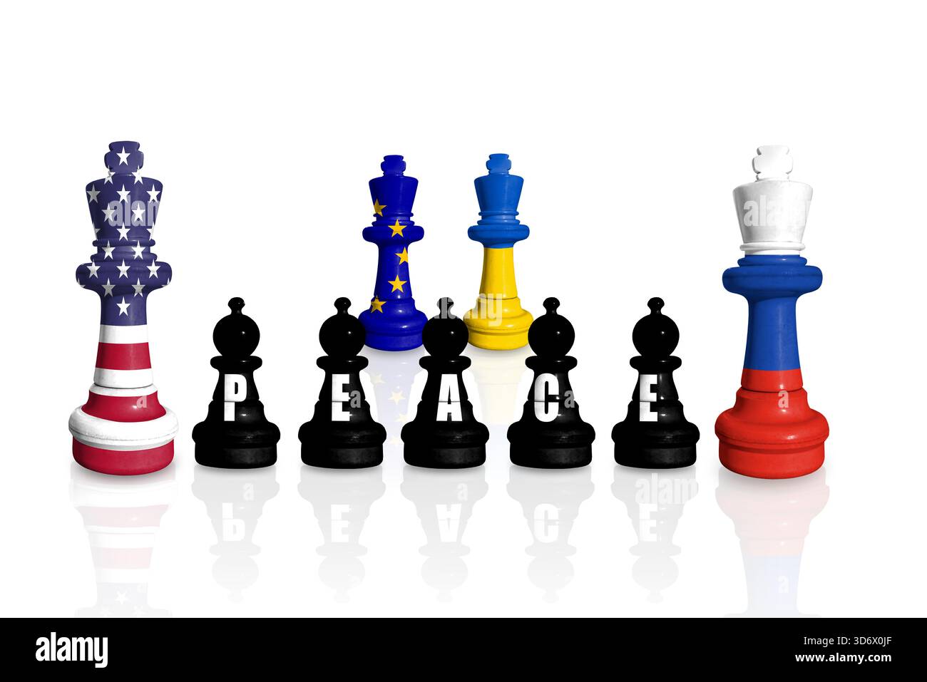Scacchi fatti con bandiere di Russia, USA, UE e Ucraina con la parola PACE Foto Stock