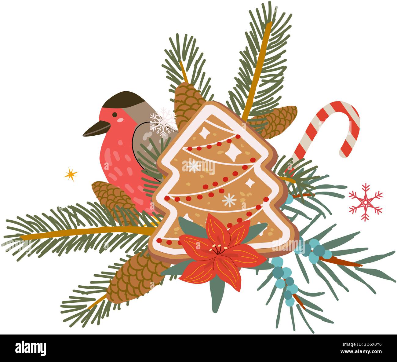 Biscotti di abete rosso e piante invernali di pan di zenzero di natale vettoriale, illustrazione di uccelli isolata su sfondo trasparente. Clifone natalizio di ginepro, ramo di abete e abete rosso, amariglie, fiocchi di neve. Illustrazione Vettoriale