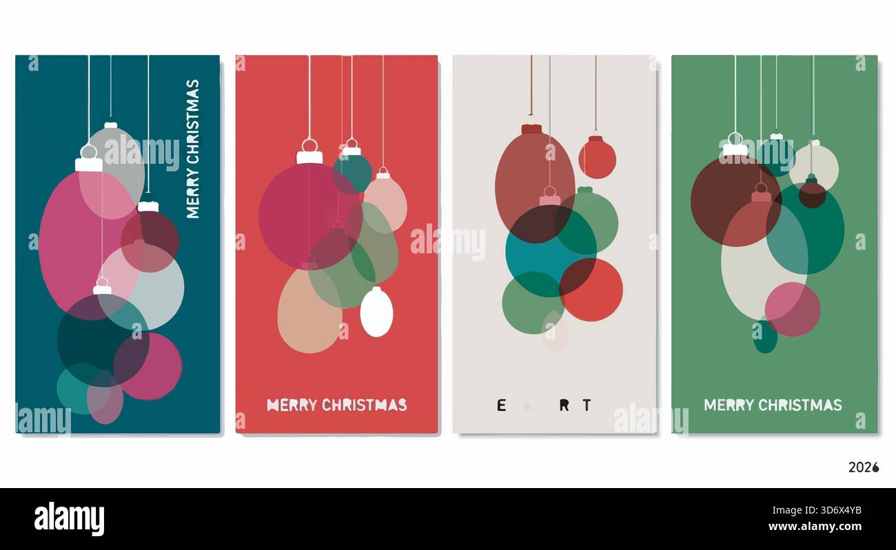 Serie di biglietti per le vacanze di Natale e Capodanno. Modelli di illustrazione vettoriale per biglietti d'auguri, sfondo, sito Web e banner per social media Illustrazione Vettoriale