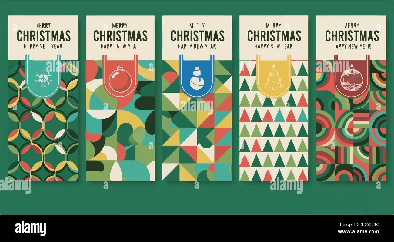 Set di moderni modelli natalizi con sfondi geometrici astratti e icone natalizie di colore rosso e verde Illustrazione Vettoriale