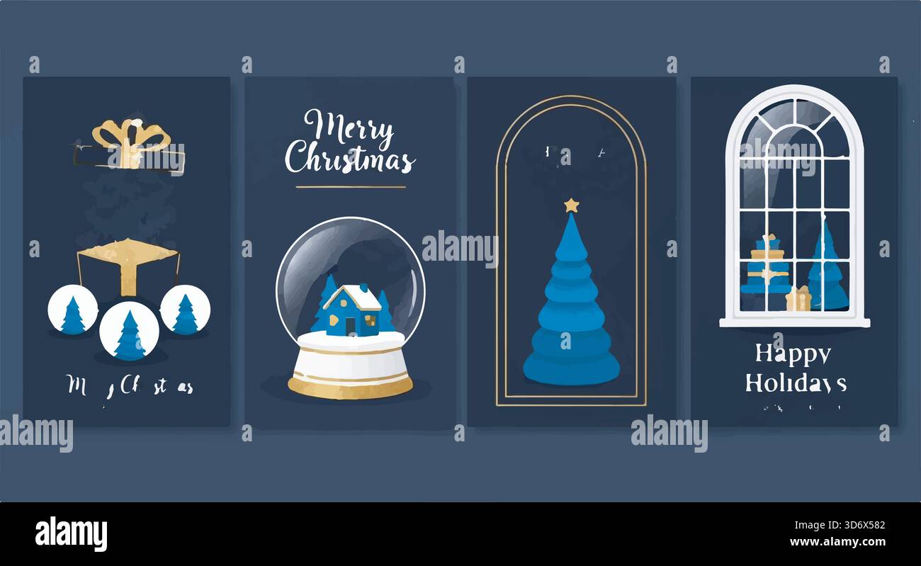 Elegante set di biglietti di Natale. Illustrazioni piatte natalizie: Globo della neve, albero, regalo, finestra. Colori Navy e oro. Design moderno per le vacanze. Illustrazione Vettoriale